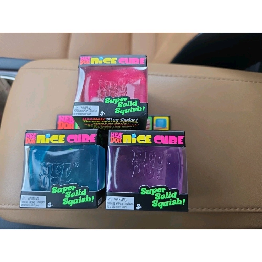 Nee Doh Nice Cube Super Solid Squish Blue, Purple, And Pink - Brand New Lot Of 3